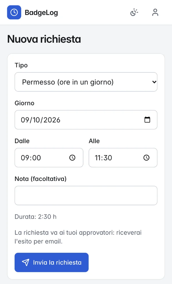 Nuova richiesta di permesso: giorno 9 ottobre, dalle 9:00 alle 11:30, durata 2:30 ore, pulsante «Invia la richiesta».
