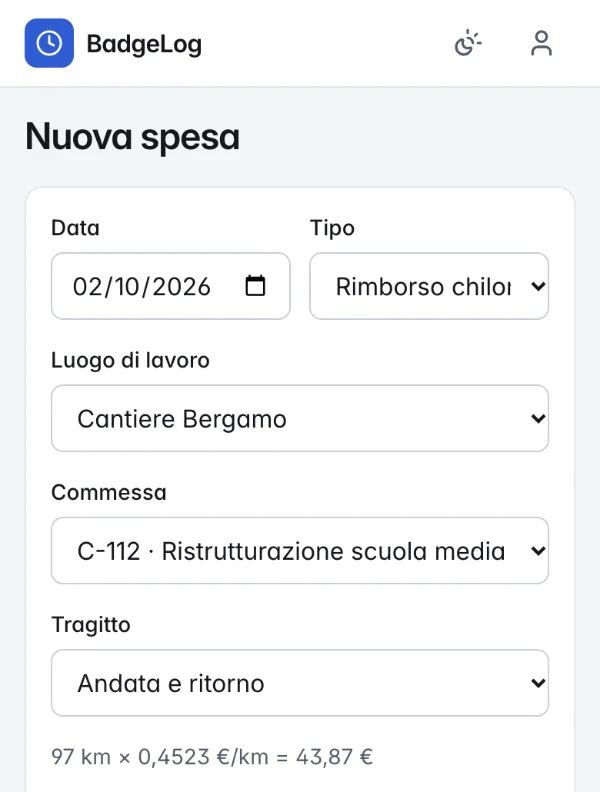 Nuova spesa con rimborso chilometrico: Cantiere Bergamo, commessa C-112, andata e ritorno, 97 km per 0,4523 euro al km uguale 43,87 euro.