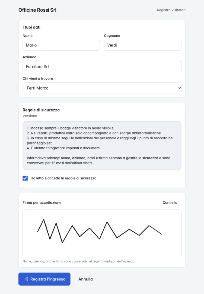 Tablet della reception: dati del visitatore, regole di sicurezza da accettare e riquadro per la firma.